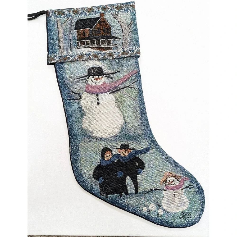 P Buckley Moss Christmas Stocking Tapestry Holiday Decor Amish 1999 Snowman VTG